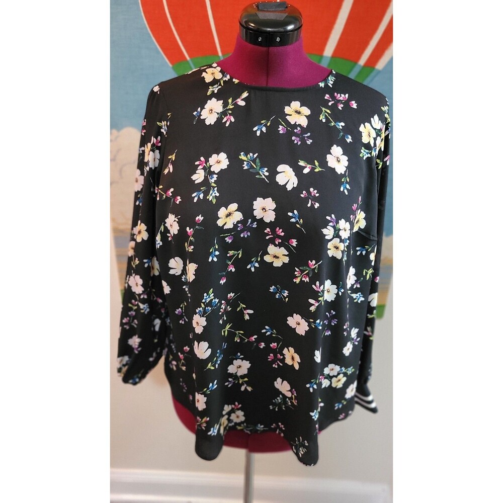 Rachel Roy Women’s Plus Size 1X Floral Pullover Top Black Side Slits Long Sleeve